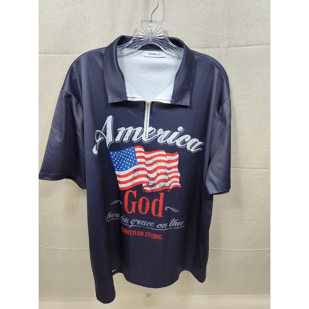 Hawalili Mens XL Navy Blue America God‎ Christian Strong Quarter Zip Polo Shirt